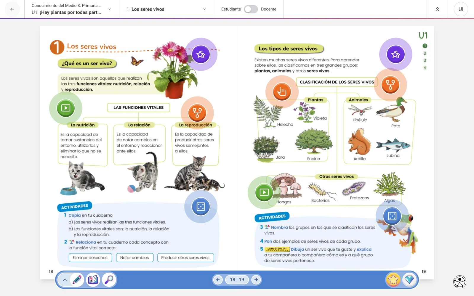 Demo de Conocimiento del Medio 3. Primaria de Anaya en OLA, con los pines de recursos interactivos visibles.