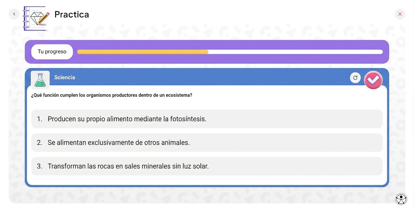 Actividad de práctica en OLA con opciones de respuesta y barra de progreso.
